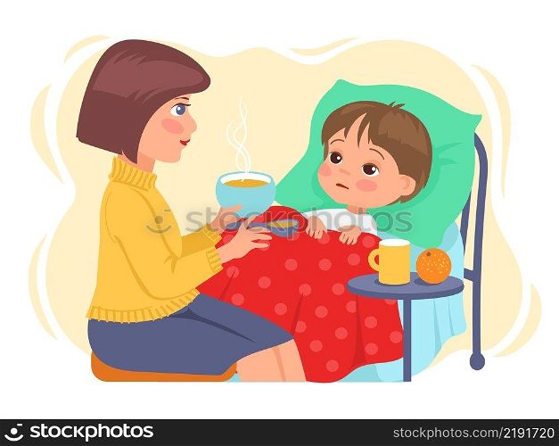 Mother and sick child. Worried mom at ill kid bedside. Parental care and love. Woman feeding unhealthy son hot broth. Cartoon unwell character with fever lying in bed. Home treatment. Vector concept. Mother and sick child. Worried mom at ill kid bedside. Parental care and love. Woman feeding son hot broth. Cartoon character with fever lying in bed. Home treatment. Vector concept