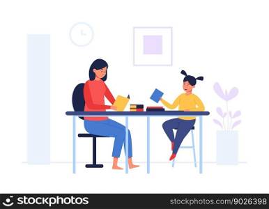 Mother and small daughter doing home task together in apartment. Vector of mother and daughter, family parent together learn illustration. Mother and small daughter doing home task together in apartment