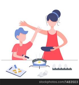 Mother and son cooking at home. Stay at home lifestyle hobby. Flat character abstract people vector.