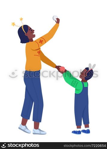 Mother and son decorate for xmas semi flat color vector characters. Standing figures. Full body people on white. Winter isolated modern cartoon style illustration for graphic design and animation. Mother and son decorate for xmas semi flat color vector characters