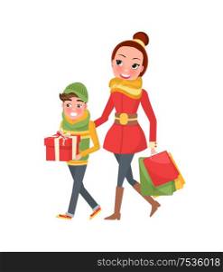 Mother and son do shopping together. Young mom and boy with wrapped gift boxes and packages with presents. Cartoon style female, customers isolated. Mother and Son Do Shopping Together. Mom and Boy