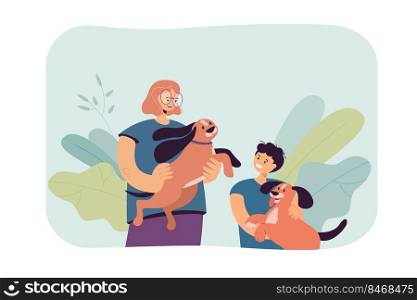 Mother and son holding cute dogs. Parent and child spending time with pets, patting them and playing flat vector illustration. Pet care, family concept for banner, website design or landing web page