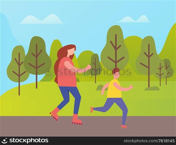 Mother and son jogging in park among green trees at springtime. Vector cartoon woman and boy running outdoors, athlete joggers and green landscape. Mother and Son Jogging in Park Among Green Trees