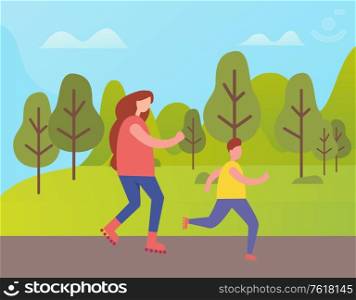 Mother and son jogging in park among green trees at springtime. Vector cartoon woman and boy running outdoors, athlete joggers and green landscape. Mother and Son Jogging in Park Among Green Trees