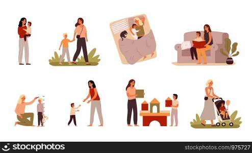 Mother and son. Mom raising child, motherhood love and moms hugs for little boy. Happiness parenting playing, mothers with sons relationship. Isolated vector illustration icons set. Mother and son. Mom raising child, motherhood love and moms hugs for little boy vector illustration