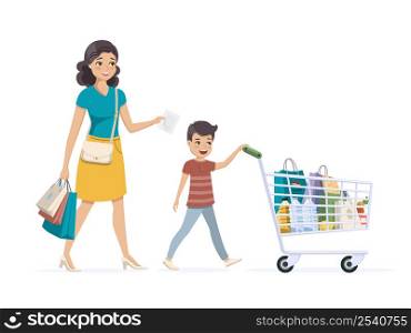 Mother and son on shopping. Child drives a full grocery cart. Vector illustration