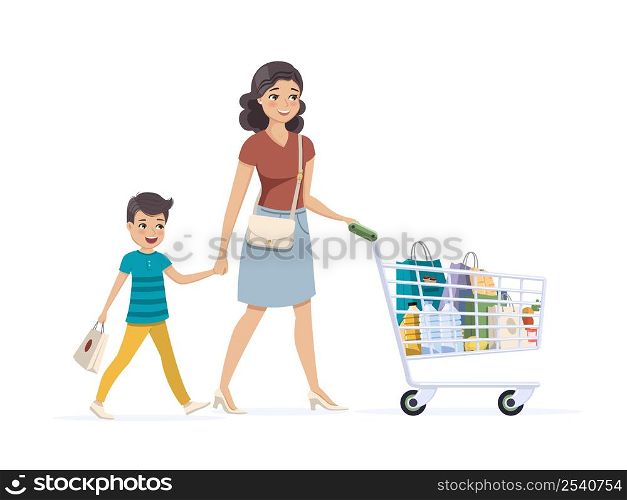 Mother and son on shopping with a full grocery cart. Vector illustration
