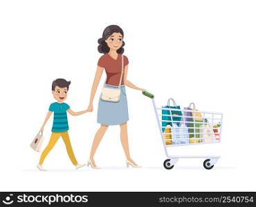 Mother and son on shopping with a full grocery cart. Vector illustration