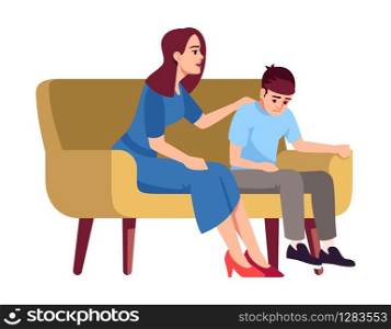 Mother and son on sofa semi flat RGB color vector illustration. Woman with boy on couch. Family conversation. Transitional age. Psychology consultation. Isolated cartoon character on white background