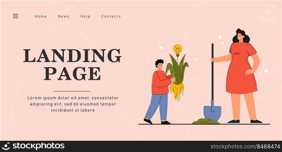 Mother and son planting creative idea. Flat vector illustration. Woman with shovel helping little boy with bedding out plant with yellow bulb. Creativity, parenthood, care, help, idea, talent concept