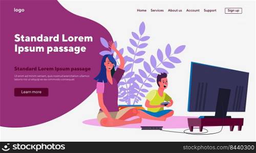 Mother and son playing video games. Cheerful woman and boy gaming flat vector illustration. Console gaming, digital leisure activities concept for banner, website design or landing web page 