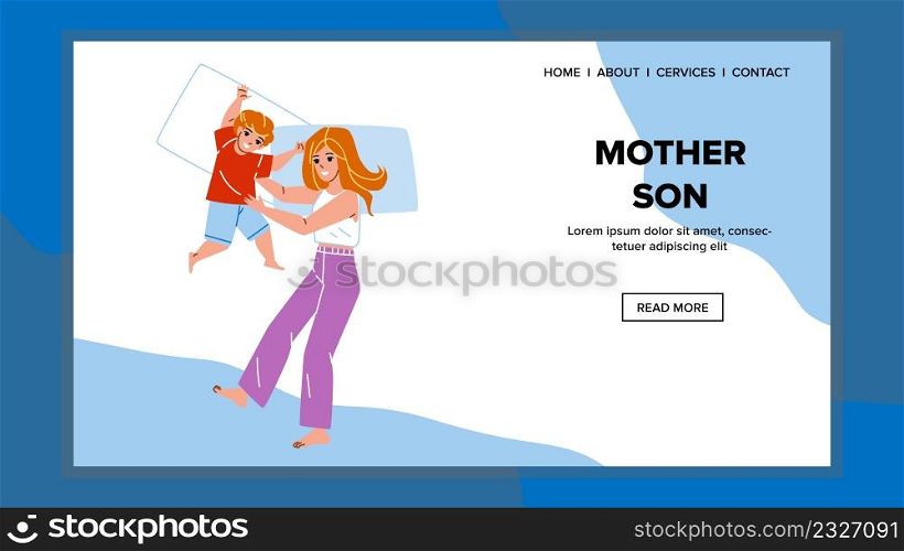 Mother And Son Resting In Bed In Evening Vector. Mother And Son Preparing For Sleeping In Bedroom Together. Happy Characters Prepare For Sleep, Childhood And Motherhood Web Flat Cartoon Illustration. Mother And Son Resting In Bed In Evening Vector