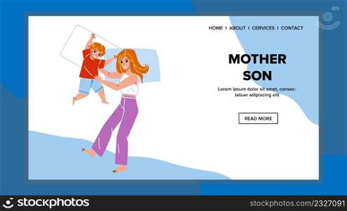 Mother And Son Resting In Bed In Evening Vector. Mother And Son Preparing For Sleeping In Bedroom Together. Happy Characters Prepare For Sleep, Childhood And Motherhood Web Flat Cartoon Illustration. Mother And Son Resting In Bed In Evening Vector