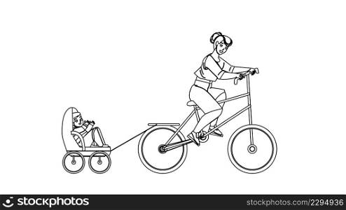 Mother And Son Riding Bike Trailer Outdoor Black Line Pencil Drawing Vector. Woman Ride Bicycle And Little Boy Child Sitting In Bike Trailer. Characters Active Time In Park Outside Illustration. Mother And Son Riding Bike Trailer Outdoor Vector