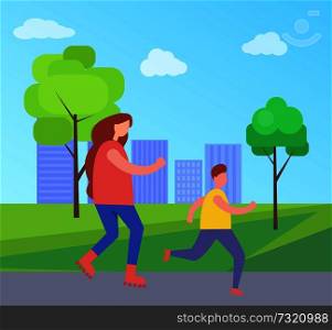 Mother and son rollerblading isolated vector on background of skyscrapers. Teenage child and his female parent engaging in inline skating activity. Mother and Son Rollerblading in City Park Vector