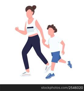Mother and son running semi flat color vector characters. Posing figures. Full body people on white. Sprint competition simple cartoon style illustration for web graphic design and animation. Mother and son running semi flat color vector characters