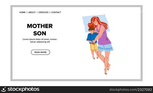 Mother And Son Sleeping In Bed Together Vector. Mother And Son Family Sleep In Bedroom At Night. Happiness Characters Recreation And Dreaming Togetherness Web Flat Cartoon Illustration. Mother And Son Sleeping In Bed Together Vector