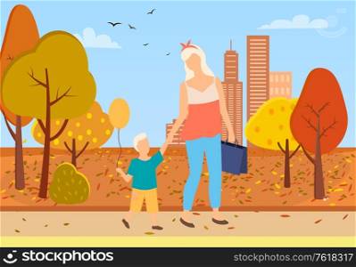 Mother and son toddler walking in city park among orange and yellow trees. Vector autumn scenery, blue sky and tall buildings, boy with balloon outdoors. Mother and Son Toddler Walk City Park Autumn Trees