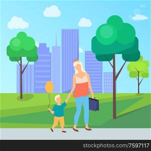 Mother and son walking in urban park, mom holding kid with balloon, portrait view of family characters in casual clothes, trees and buildings vector. Family Leisure in City Park, Mom and Son Vector