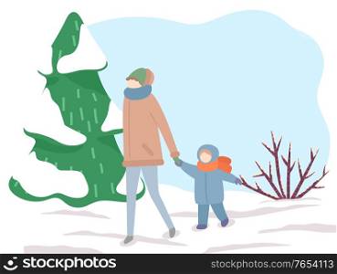 Mother and son walking in winter, family and outdoor activity vector. Park or forest, parent and child in coats and scarfs holding hands, fir under snow. mum and kid in warm clothes illustration. Family Walking outdoor, Mother and Son in Park