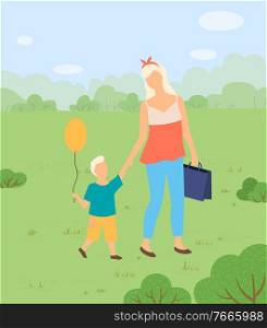 Mother and son, woman and child with balloon in park vector. Mom with shopping bag and boy holding hands walking on nature, parent and kid on meadow. Woman and Son with Balloon in Park Walking, Nature