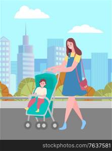 Mother and son, woman walking with baby in pram or carriage on city street vector. Mom with kid and skyscrapers behind, towers and downtown, cityscape. Woman Walking with Baby in Pram on City Street