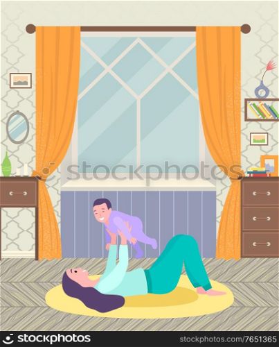 Mother and toddler playing games on carpet in living room. Furniture in room like table and chest. Flower and mirror, fra,e and bookshelf with books. Vector illustration in flat style. Mother and Son Playing Games in Living Room