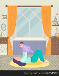 Mother and toddler playing games on carpet in living room. Furniture in room like table and chest. Flower and mirror, fra,e and bookshelf with books. Vector illustration in flat style. Mother and Son Playing Games in Living Room