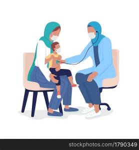 Mother and toddler visiting pediatrician semi flat color vector characters. Full body people on white. Doctor appointment isolated modern cartoon style illustration for graphic design and animation. Mother and toddler visiting pediatrician semi flat color vector characters