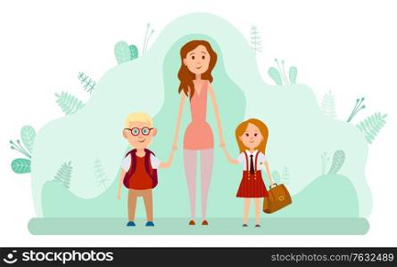 Mother and two happy kids with backpacks isolated on backdrop with green leaves. Back to school, children come to study in kindergarten or elementary. Vector illustration in flat cartoon style. Mother and Two Happy Kids with Backpacks Isolated