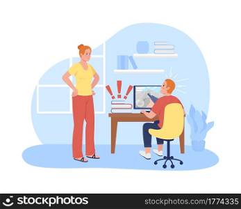 Mother argue with procrastinating teen son 2D vector isolated illustration. Kid playing computer games. Mom with adolescent kid flat characters on cartoon background. Teenager problem colourful scene. Mother argue with procrastinating teen son 2D vector isolated illustration