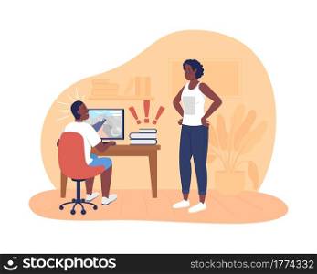 Mother argue with teenager about homework 2D vector isolated illustration. Child procrastinating on homework and mom angry with him flat characters on cartoon background. Teen problem colourful scene. Mother argue with teenager about homework 2D vector isolated illustration