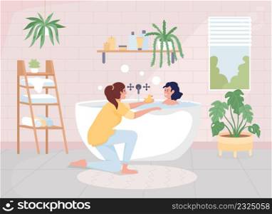 Mother bathing her daughter flat color vector illustration. Scandinavian style arrangement. Hygge mood. Happy family members 2D simple cartoon characters with bathroom on background. Mother bathing her daughter flat color vector illustration