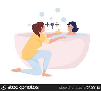 Mother bathing her daughter semi flat color vector characters. Sitting figure. Full body people on white. Bathroom routine simple cartoon style illustration for web graphic design and animation. Mother bathing her daughter semi flat color vector characters