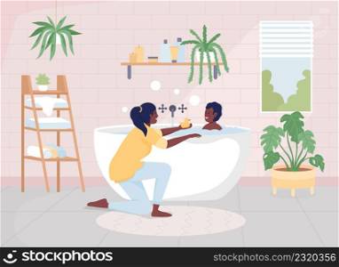 Mother bathing her son flat color vector illustration. Scandinavian style arrangement. Hygge bathroom. Happy family members 2D simple cartoon characters with bathroom on background. Mother bathing her son flat color vector illustration