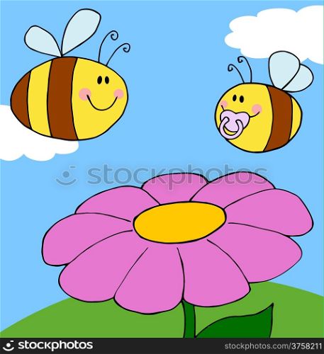 Mother Bee Flying With Baby Bee Over Flower Background