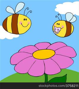 Mother Bee Flying With Baby Bee Over Flower Background