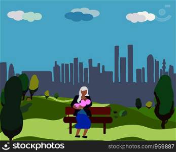 Mother breastfeeding her child in a public place. Woman sitting on a bench in the park on city background. Flat cartoon style. Vector illustration. Mother breastfeeding child in a park.