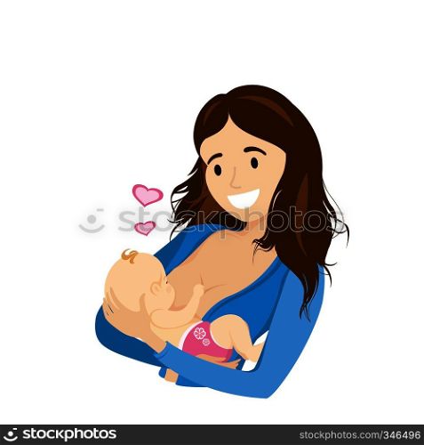 Mother breastfeeding her cute baby,isolated on white background,cartoon vector illustration. Mother breastfeeding her cute baby