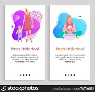 Mother caring, family leisure, parent bathing baby, mom holding kid, portrait view of mother and child, washing and walking, maternity vector. Website or slider app, landing page flat style. Maternity Slide, Mother Caring, Childhood Vector