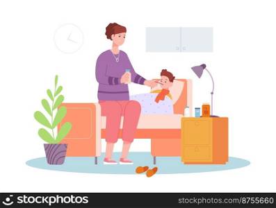 Mother caring sick child. Parent woman on bed medication cough syrup care cold illness kid, medicine drug liquid sickness patient home childcare mum, splendid vector illustration. Woman care for kid. Mother caring sick child. Parent woman on bed medication cough syrup care cold illness kid, medicine drug liquid sickness patient home childcare mum, splendid vector illustration