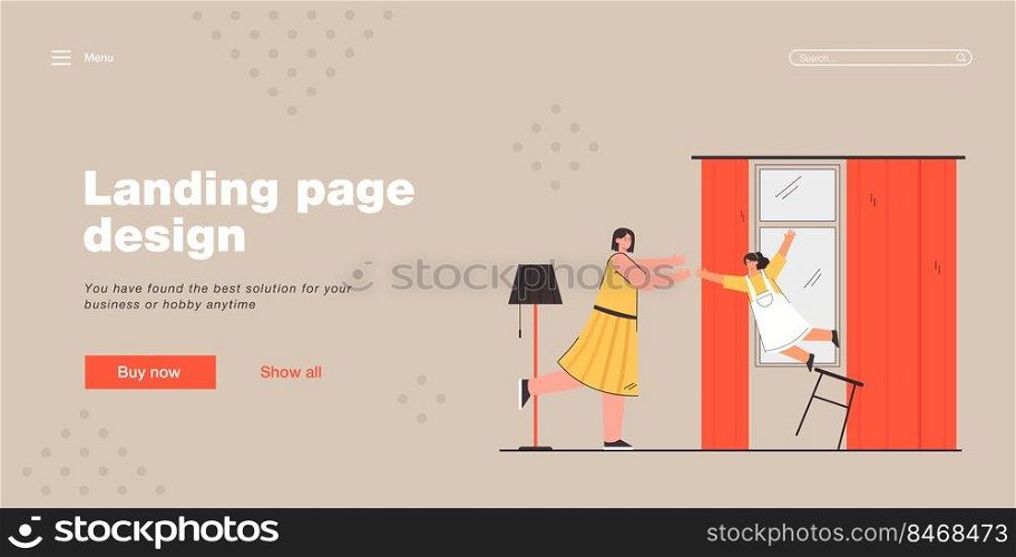 Mother catching falling daughter. Woman trying to help girl falling from chair. Worried mom looking at child. Little girl scared. Trauma and accident concept for banner, website or landing page