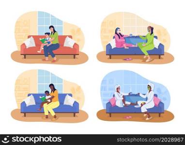 Mother-child bonding 2D vector isolated illustration set. Moms and kids flat characters on cartoon background. Reading books to children. Spa day at home together colourful scenes collection. Mother-child bonding 2D vector isolated illustration set