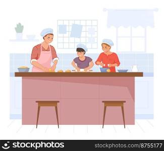 Mother cooking dough. Happy daughter and son cook kitchen, child making baking cake, family dinner, parent in apron, kids chef, boy and girl food whisk, swanky flat vector illustration. Mother cooking dough. Happy daughter and son cook kitchen, child making baking cake, family dinner, parent in apron, kids chef, boy and girl food whisk