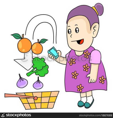 mother daily shopping from online store. cartoon illustration sticker
