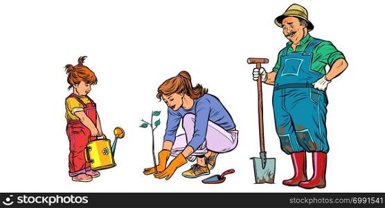 Mother, daughter and grandfather work in the garden. Family planting seedlings. Pop art retro vector illustration vintage kitsch. Mother, daughter and grandfather work in the garden. Family plan