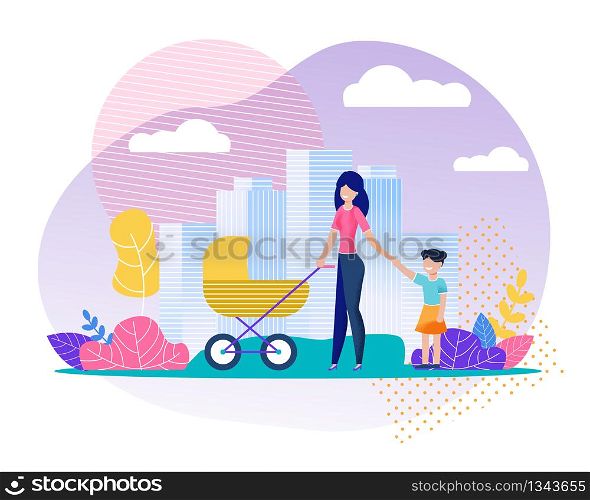 Mother, Daughter and Newborn in Stroller Going for Walk. City Landscape Vector Cartoon Illustration in Flat Floral Style. Happy Family Recreation Together. Weekend on Fresh Air. Leisure Outside. Walking Family in City Vector Cartoon Illustration