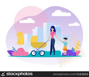 Mother, Daughter and Newborn in Stroller Going for Walk. City Landscape Vector Cartoon Illustration in Flat Floral Style. Happy Family Recreation Together. Weekend on Fresh Air. Leisure Outside. Walking Family in City Vector Cartoon Illustration