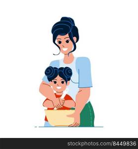 mother daughter cooking vector. kitchen happy family, woman kid daughter, cooking child, cook cake mother daughter cooking character. people flat cartoon illustration. mother daughter cooking vector