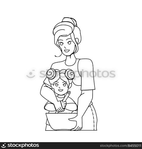 mother daughter cooking vector. kitchen happy family, woman kid daughter, cooking child, cook cake mother daughter cooking character. people black line pencil drawing vector illustration. mother daughter cooking vector